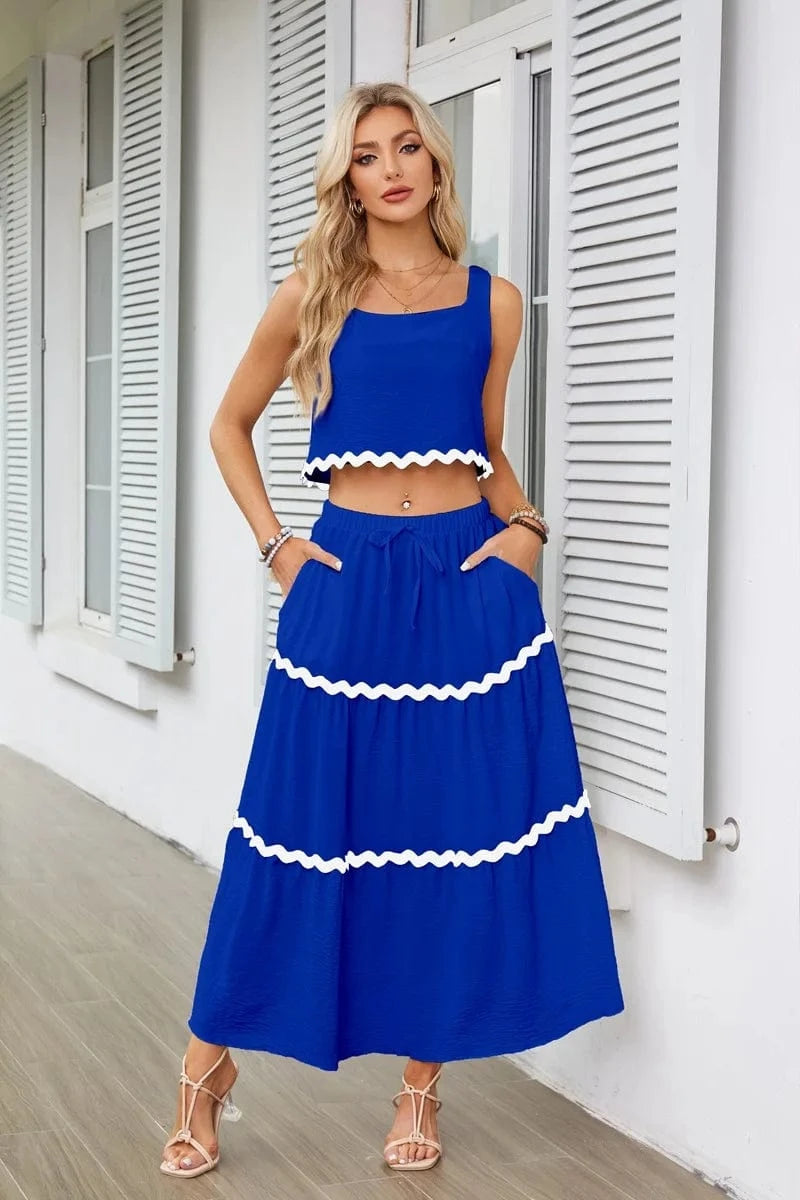 Casual 2-piece Skirt Set for Summer Women's Skirt Suit 2024 New SLeeveless MIni Vest+Lace-up A-line Skirts Set with Pockets