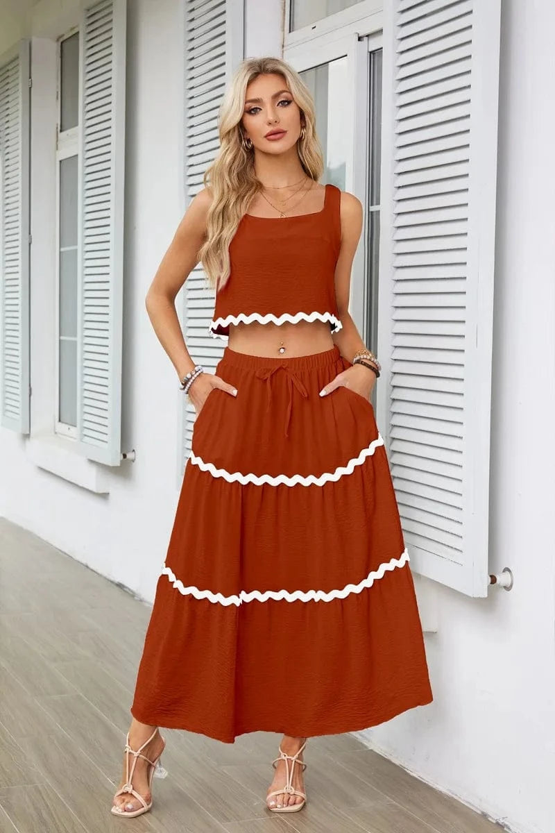Casual 2-piece Skirt Set for Summer Women's Skirt Suit 2024 New SLeeveless MIni Vest+Lace-up A-line Skirts Set with Pockets