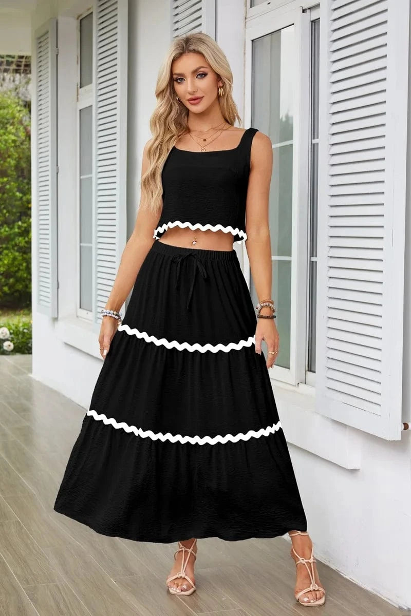 Casual 2-piece Skirt Set for Summer Women's Skirt Suit 2024 New SLeeveless MIni Vest+Lace-up A-line Skirts Set with Pockets