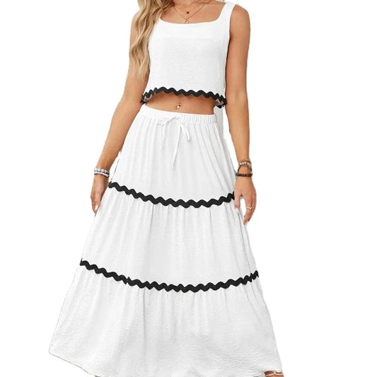 Casual 2-piece Skirt Set for Summer Women's Skirt Suit 2024 New SLeeveless MIni Vest+Lace-up A-line Skirts Set with Pockets
