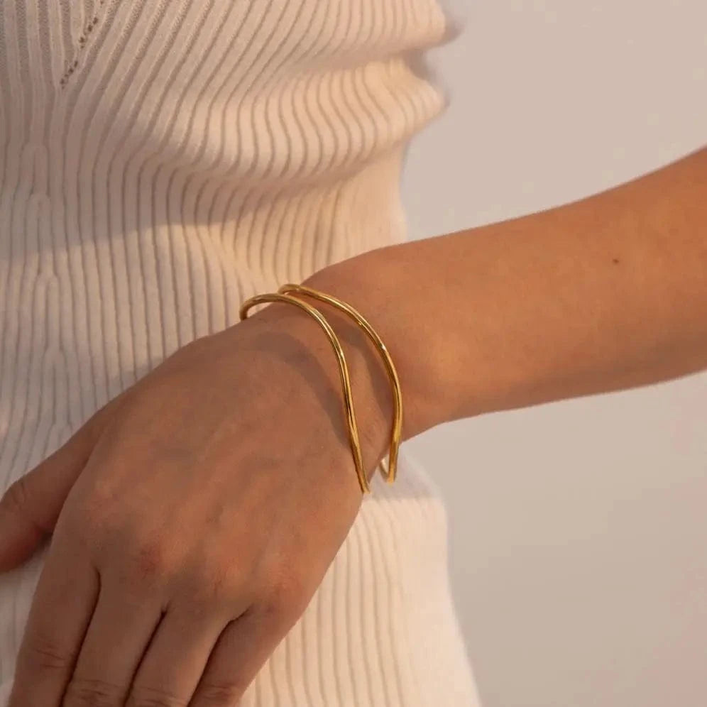 Casual / BG880 BG880 New Trendy 18k Gold Plated Stainless Steel Line Jewelry Gift Minimalist Opening Double Layer Bangles For Women