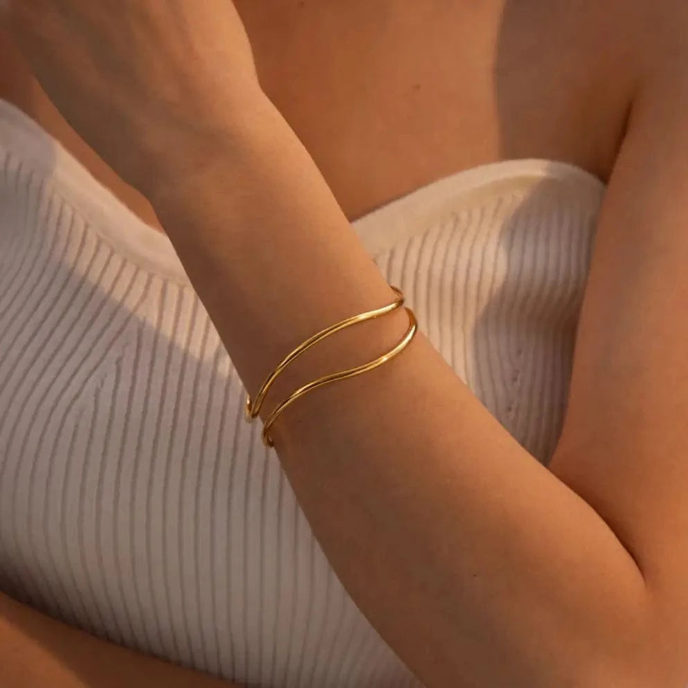 Casual / BG880 BG880 New Trendy 18k Gold Plated Stainless Steel Line Jewelry Gift Minimalist Opening Double Layer Bangles For Women