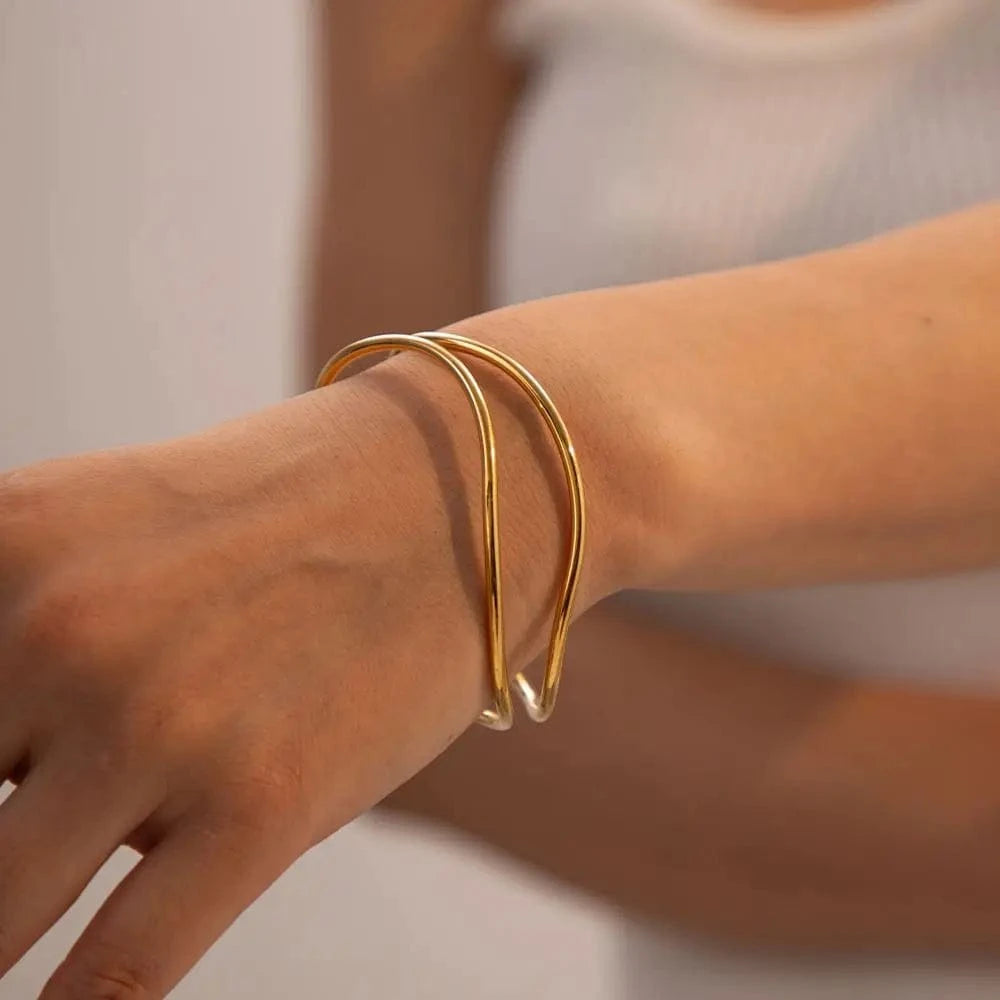 Casual / BG880 BG880 New Trendy 18k Gold Plated Stainless Steel Line Jewelry Gift Minimalist Opening Double Layer Bangles For Women