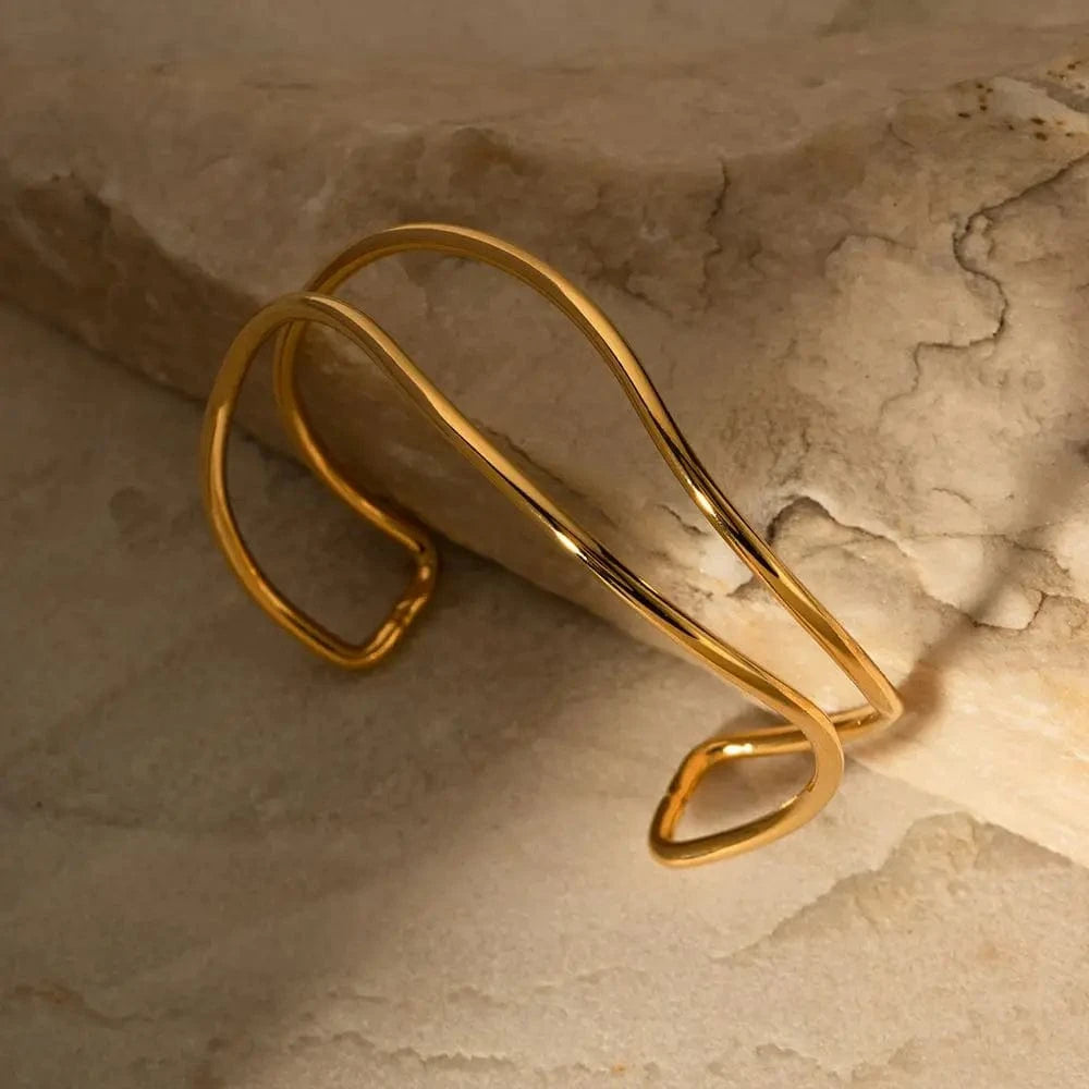 Casual / BG880 BG880 New Trendy 18k Gold Plated Stainless Steel Line Jewelry Gift Minimalist Opening Double Layer Bangles For Women