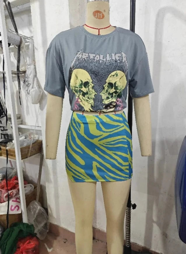 Casual Cute Printed Skirt Outfits 2 Piece Set Summer Clothes 2024 Crop Top With Mini Skirt Suits Women Sexy Two Piece Skirt Set