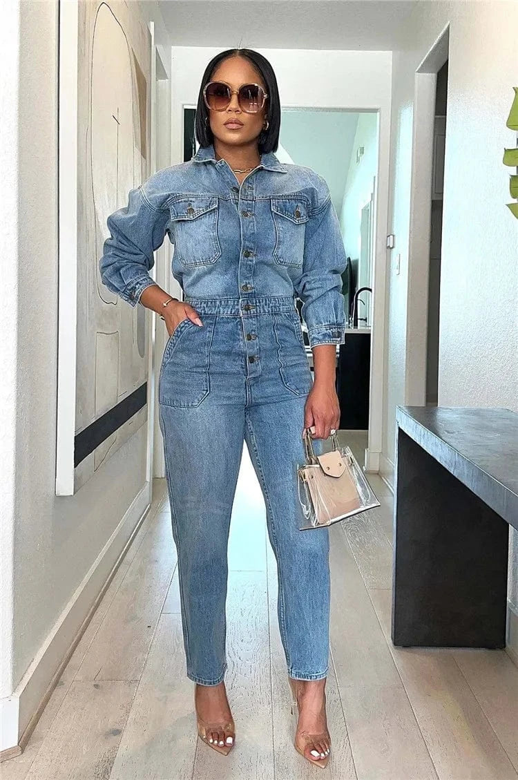 Casual Female Solid Cowboy Overalls Women Long Sleeve Turndown Collar Button Slim Denim Jumpsuits