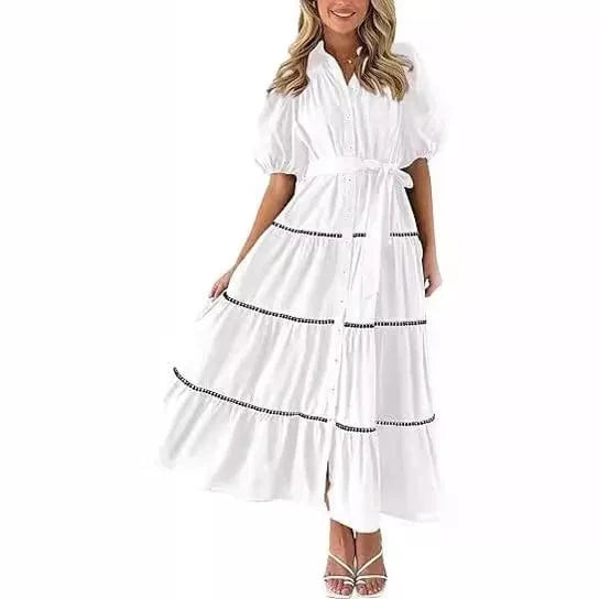 Casual Loose Lace up Short Puff SLeeve Dresses for Summer Women's Dress 2024 New V-neck Solid High Waist Maxi Shirt Dress Woman