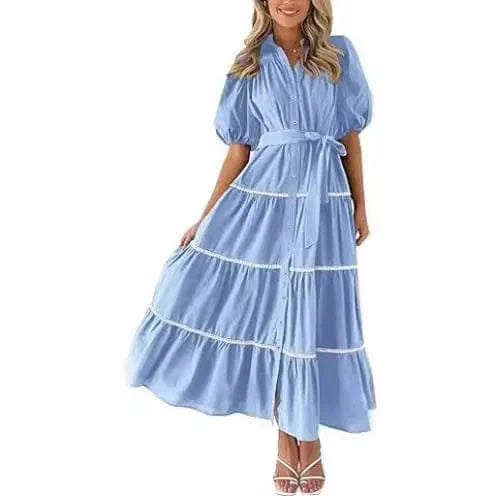Casual Loose Lace up Short Puff SLeeve Dresses for Summer Women's Dress 2024 New V-neck Solid High Waist Maxi Shirt Dress Woman