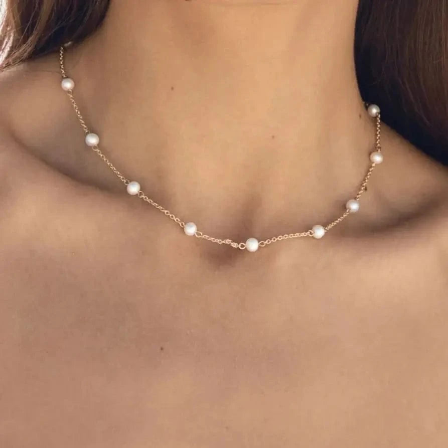 casual / N2425 N2425 Minimalist 18K Gold Plated Charm Small Pearl Necklace Stainless Steel Interval Mini Pearls Necklace
