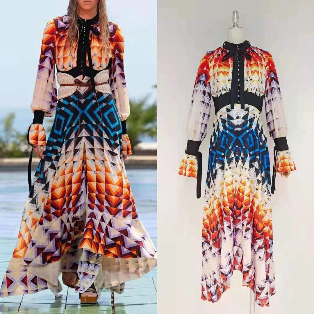 Casual Outfits For Women New Design Colorful Printed Summer Dresses Ladies Women Casual Lace-Up Full Sleeve Elegant Party Gown