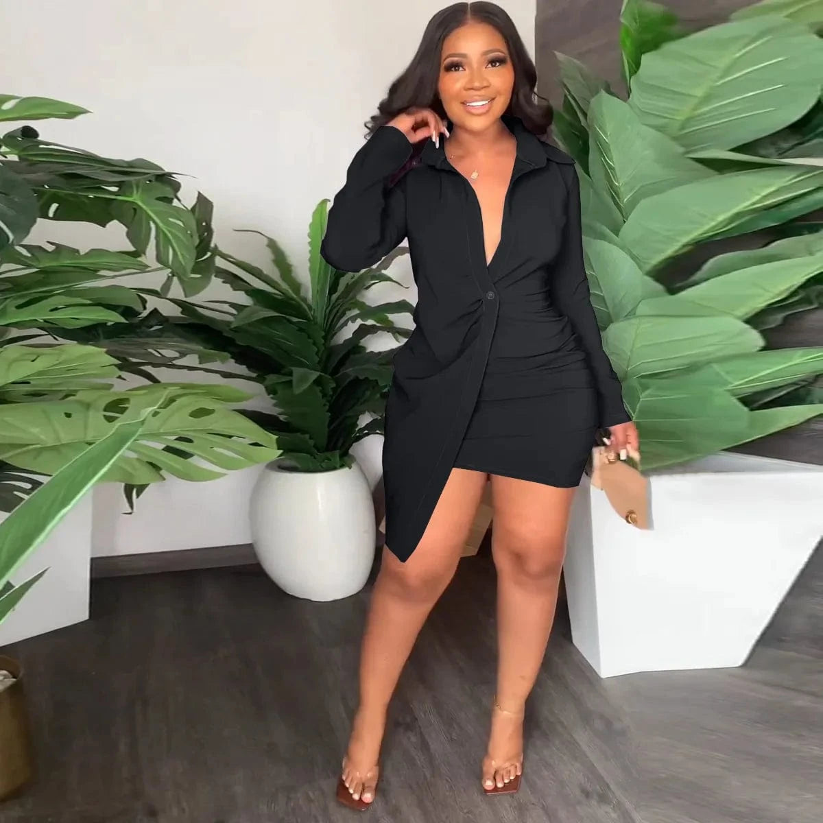 Casual Women Dress Shirt Solid Color Turn Down Collar Streetwear Mini Dress Bodycon Dresses For Women Vestidos