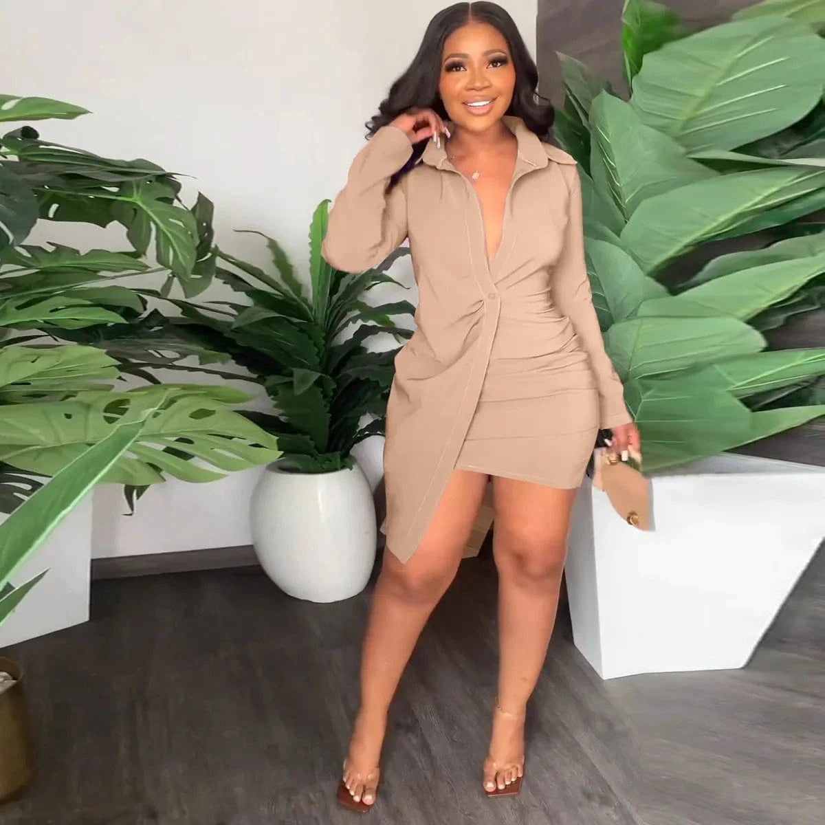 Casual Women Dress Shirt Solid Color Turn Down Collar Streetwear Mini Dress Bodycon Dresses For Women Vestidos