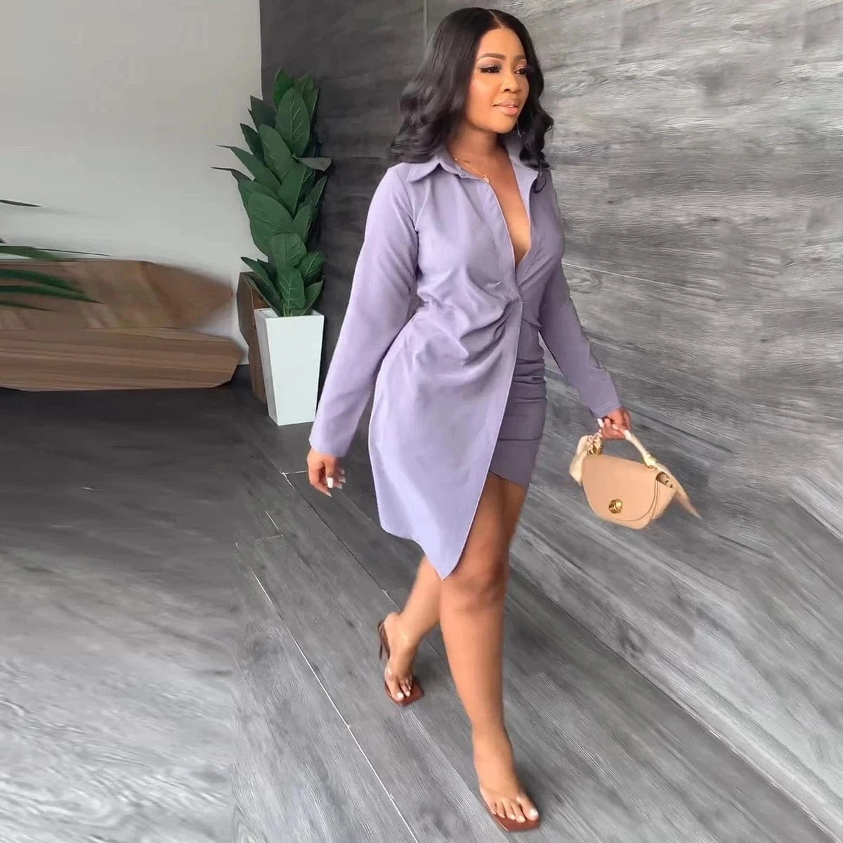 Casual Women Dress Shirt Solid Color Turn Down Collar Streetwear Mini Dress Bodycon Dresses For Women Vestidos