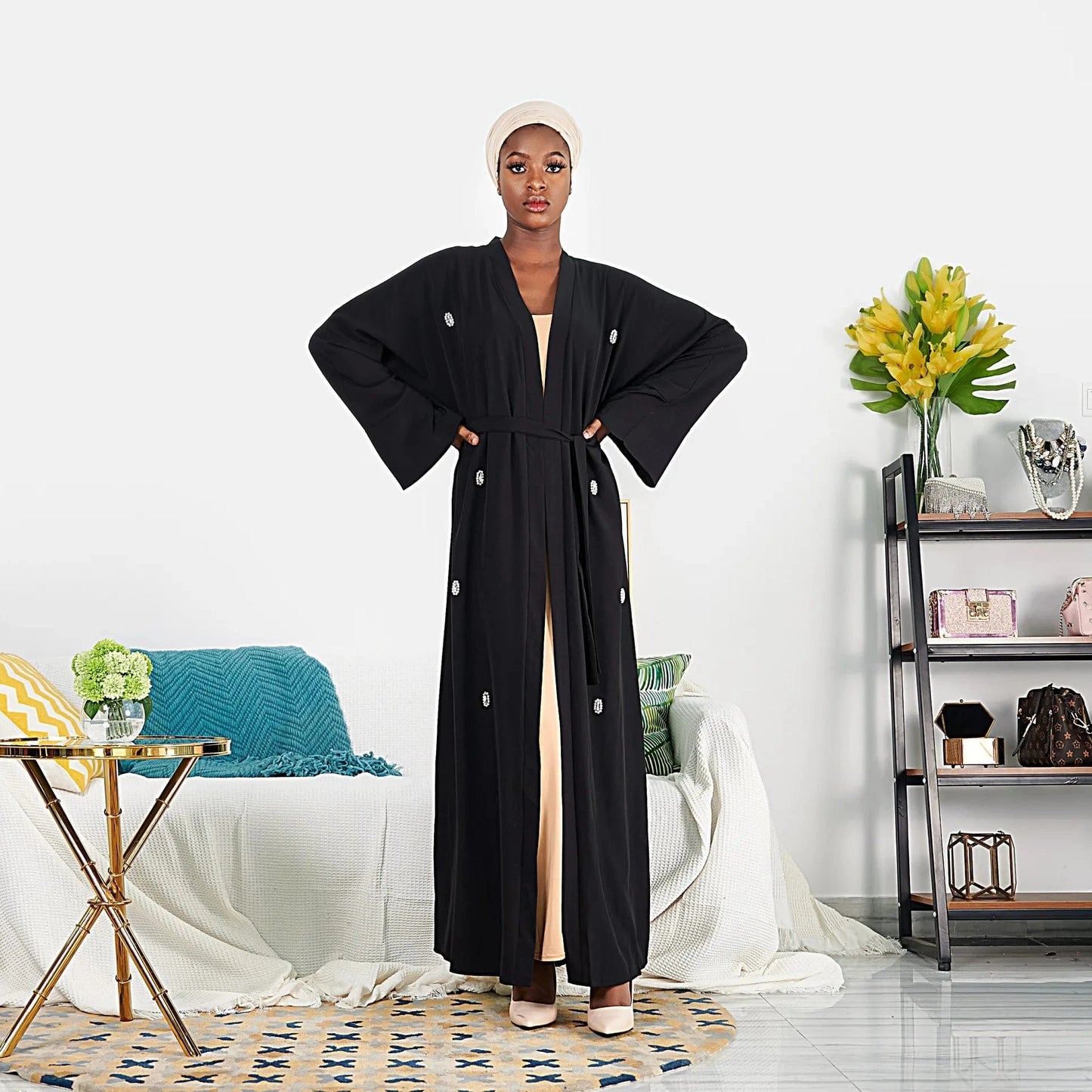 Celebrity Style Beaded Flower Pattern Long Women Dubai Open Muslim Cardigan Abaya Black Muslim Abaya