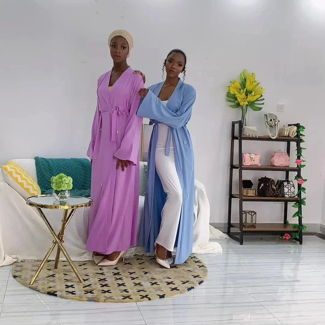 Celebrity Style Beaded Flower Pattern Long Women Dubai Open Muslim Cardigan Abaya Black Muslim Abaya