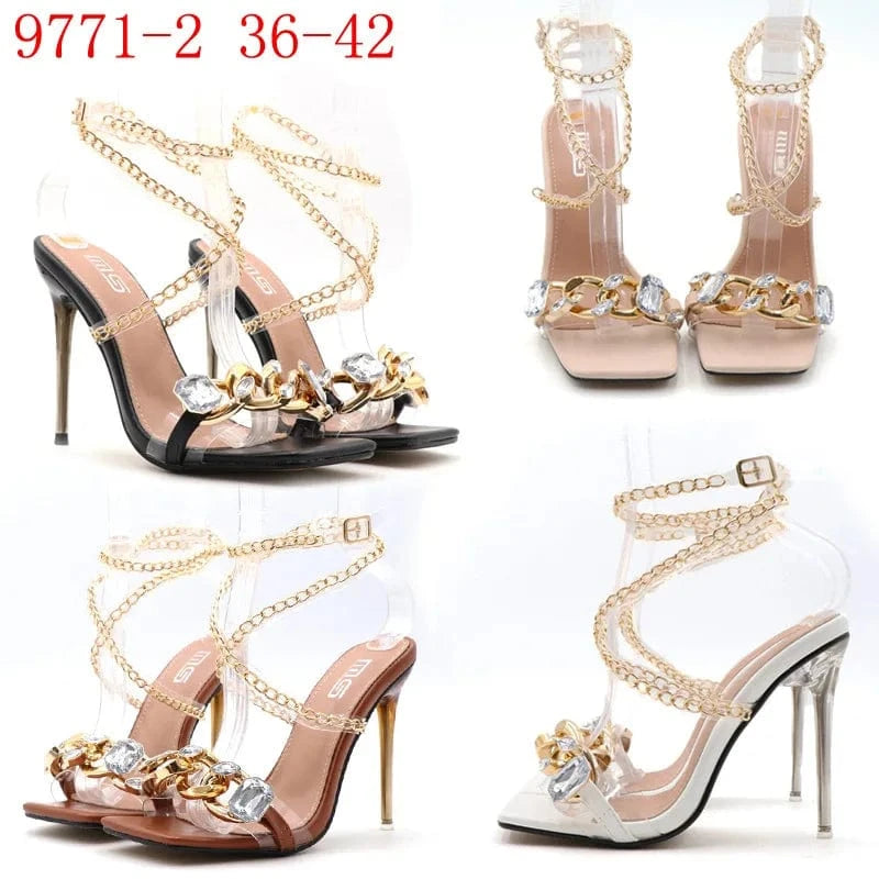 Chain Upper Talon Pour Femme Cross Strap Square Toe 2023 New High Heeled Sandals