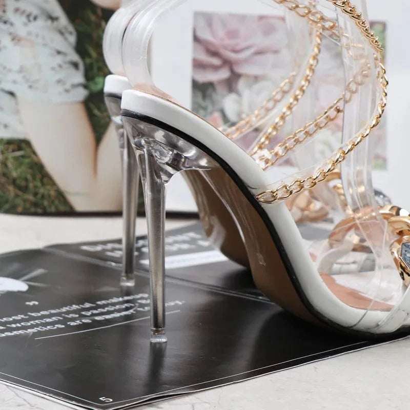 Chain Upper Talon Pour Femme Cross Strap Square Toe 2023 New High Heeled Sandals