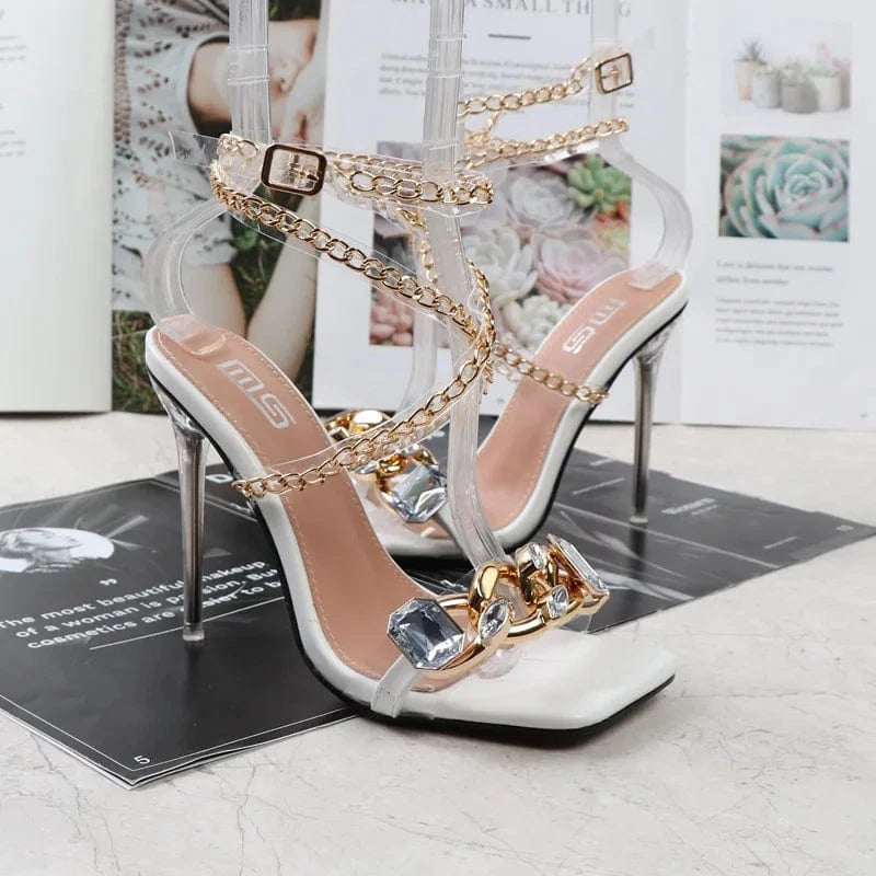 Chain Upper Talon Pour Femme Cross Strap Square Toe 2023 New High Heeled Sandals
