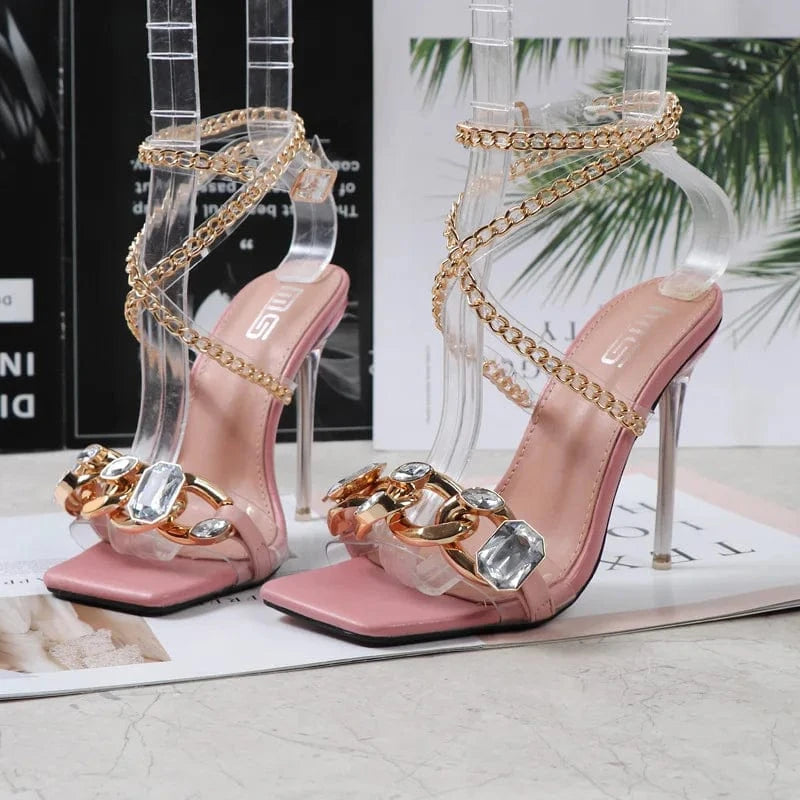 Chain Upper Talon Pour Femme Cross Strap Square Toe 2023 New High Heeled Sandals
