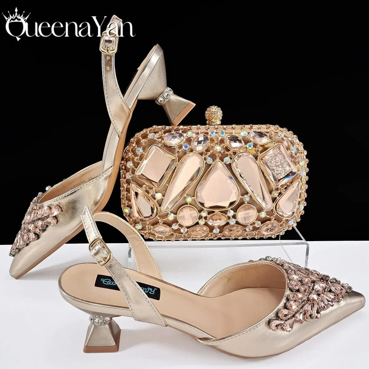 Champagne / 43 / CHINA Queena Yan Italian shoes and handbags accessory set with rhinestone metal embellishments Wedding shoes Bridal shoes Designer