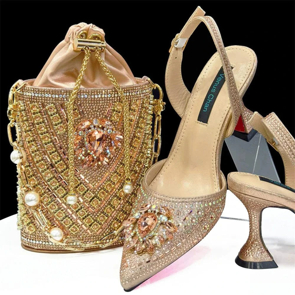 Champagne color / 39 Turkey African Italian Luxury Fashion Party Ladies Shoes Set Women Matching Bag for Women