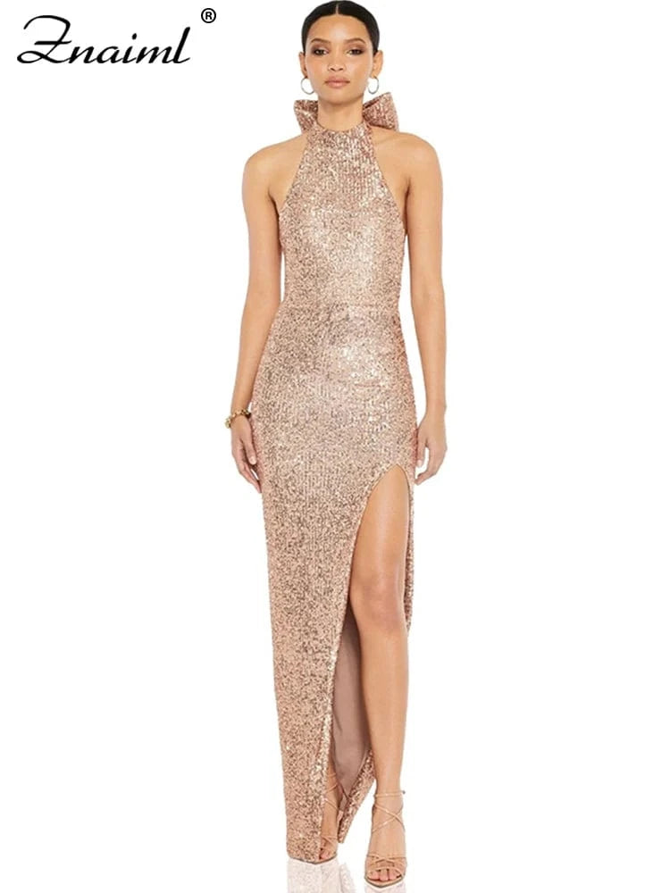 champagne dress / M Znaiml Elegant Luxury Sequin Halter Big Bow Backless Long Dresses Women Sleeveless High Split Birthday Evening Wedding Vestidos