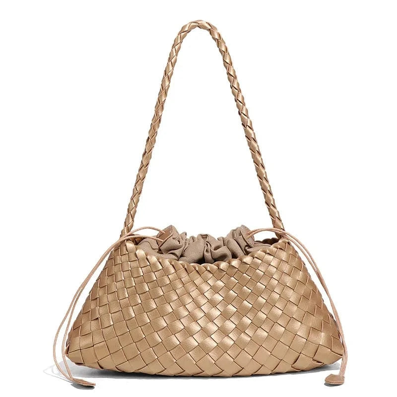 Champagne gold 2025 Summer Luxury Woven Shoulder Bags for Ladies Fashion Handmade Woven Casual Braided Tote Hand Bag with Drawstring Purse