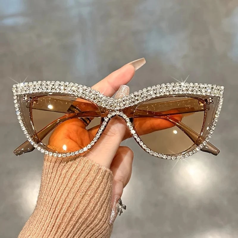 Champagne Luxury Cat Eye fashion fashion glasses for men and women glittering green stone club party favorite decorative glasses