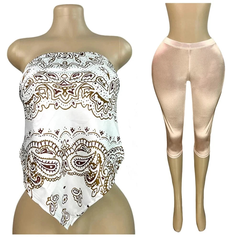 Champagne1 / L 2025 Summer 2 Piece Set Woman Outfits Backless Print Scarf Tops and Shorts Suits Streetwear Sexy Club Two Piece Matching Sets