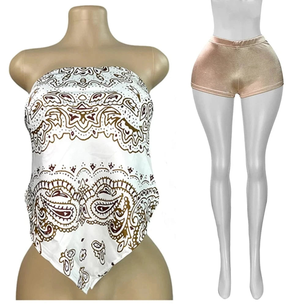 Champagne2 / M 2025 Summer 2 Piece Set Woman Outfits Backless Print Scarf Tops and Shorts Suits Streetwear Sexy Club Two Piece Matching Sets
