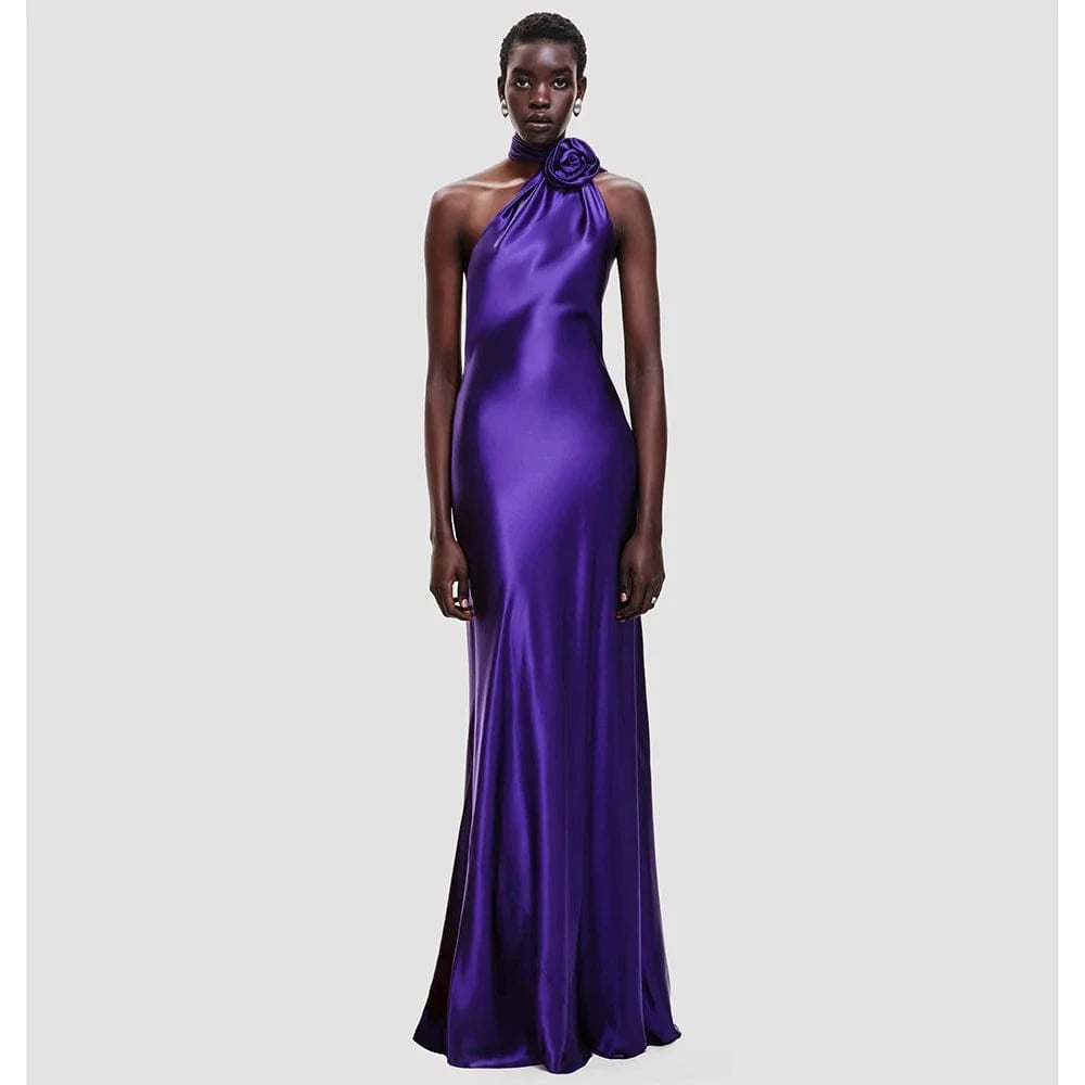 Charm Purple / M / CHINA New Spring And Summer Women's Floor-Length Dress High-Waisted Commuter Charm Purple Halter Luxury Evening Party Dress