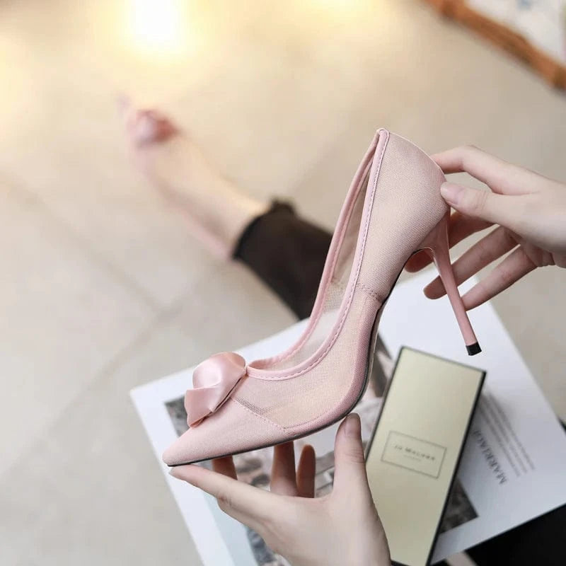 Chaussure Talon Femme Rose Decoration Pointed Toe Breathable Mesh Silk Pump Elegant Fashion Stiletto Heels for Ladies