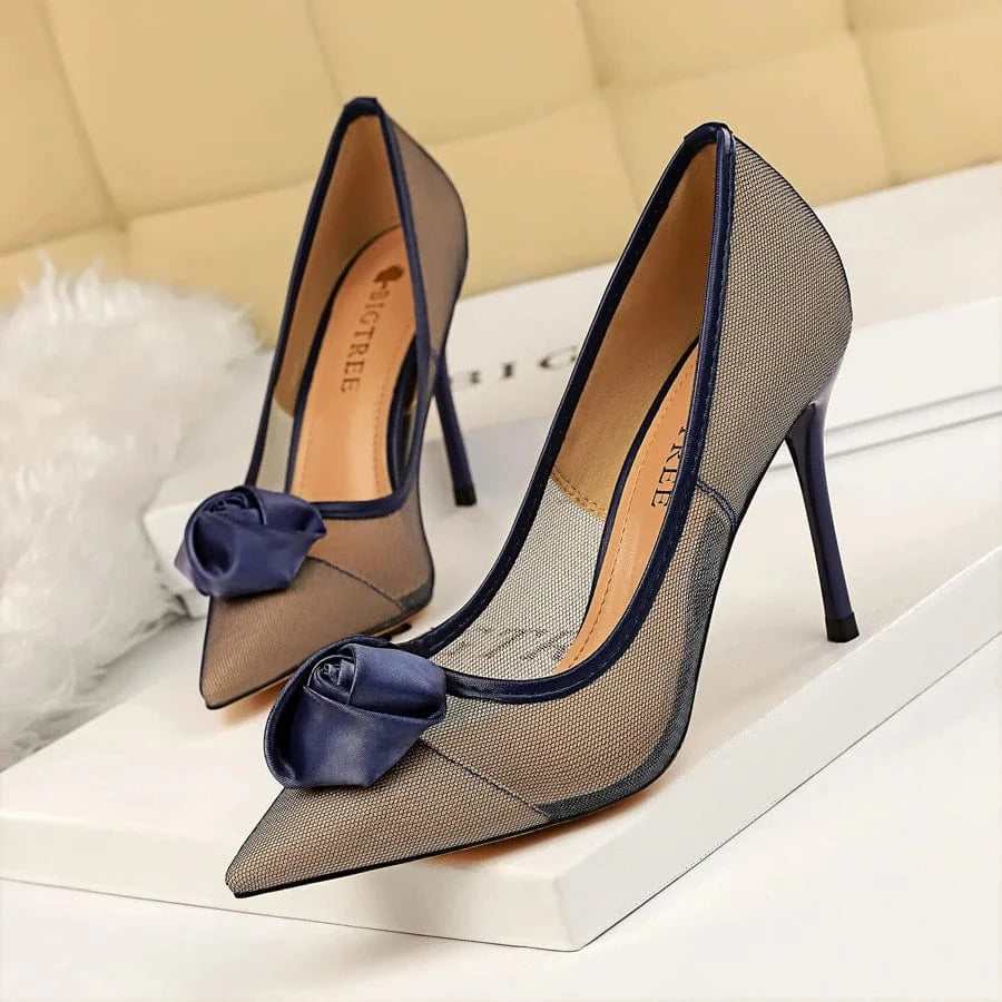 Chaussure Talon Femme Rose Decoration Pointed Toe Breathable Mesh Silk Pump Elegant Fashion Stiletto Heels for Ladies