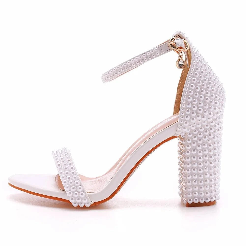 Chaussures Femme Autumn New Fashion Pearls Decor Dating Sandalias PU Round Toe Slip-toe Chunky Heels Sandals Women Wedding Shoes