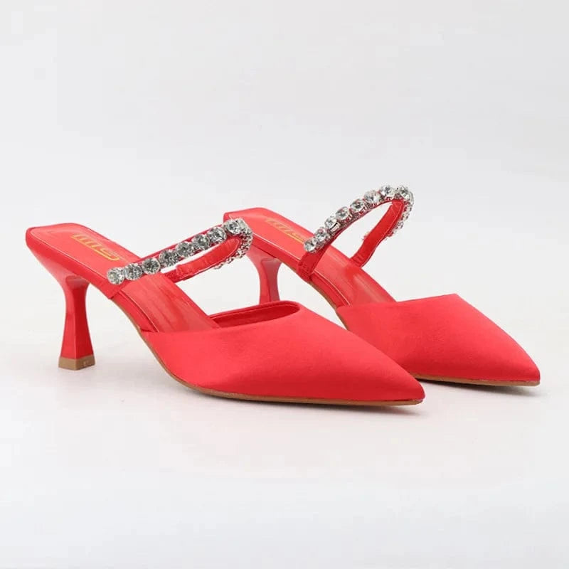 Chaussures Femme Breathable Silk Satin Rhinestone Decor Shoes Pointed-toe Large Size High Heel Sandals For Ladies Outdoor Sandal