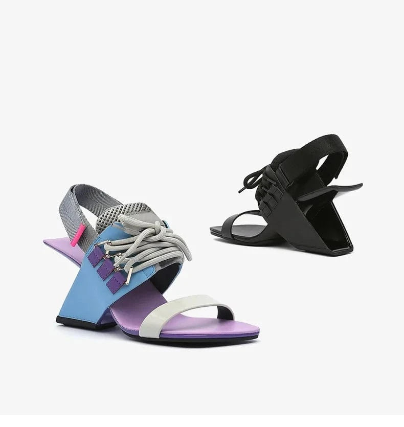 Chaussures Femme Casual Color Patchwork Slingback Mujer Shoes Square-toe Lace Up High Heel Sandals Ladies Daily Shopping Sandals
