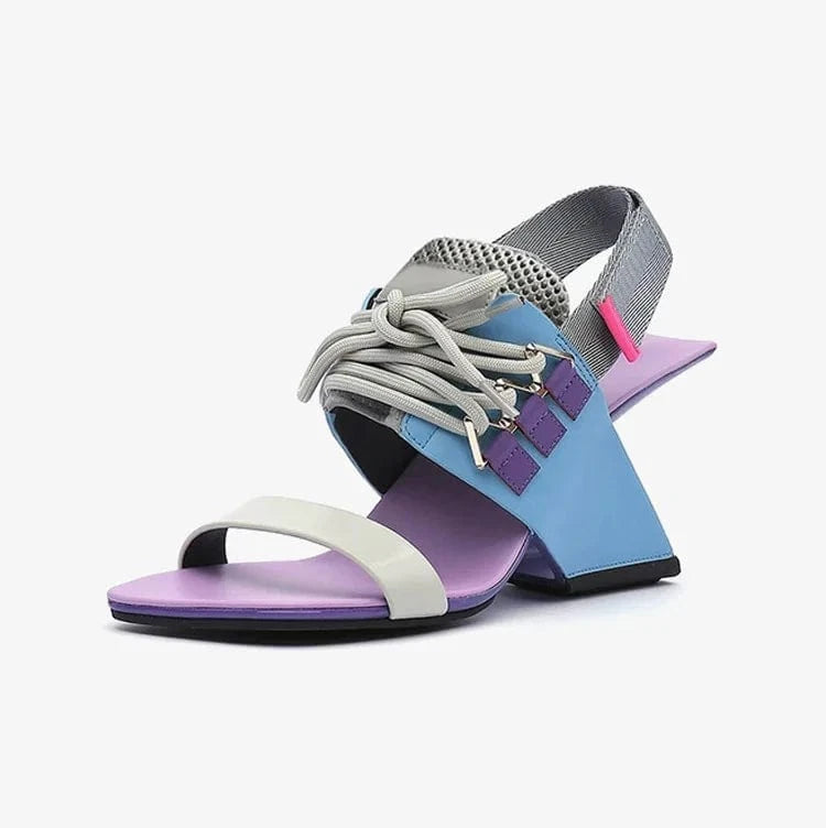 Chaussures Femme Casual Color Patchwork Slingback Mujer Shoes Square-toe Lace Up High Heel Sandals Ladies Daily Shopping Sandals