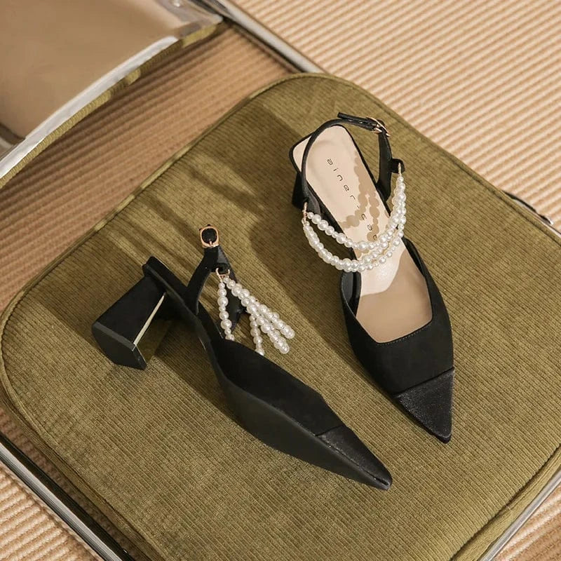 Chaussures Femme Comfortable Microfiber Pearls Chain Decor Shoes Hollow Out Slingback High Heel Sandals Ladies Banquet Sandalias