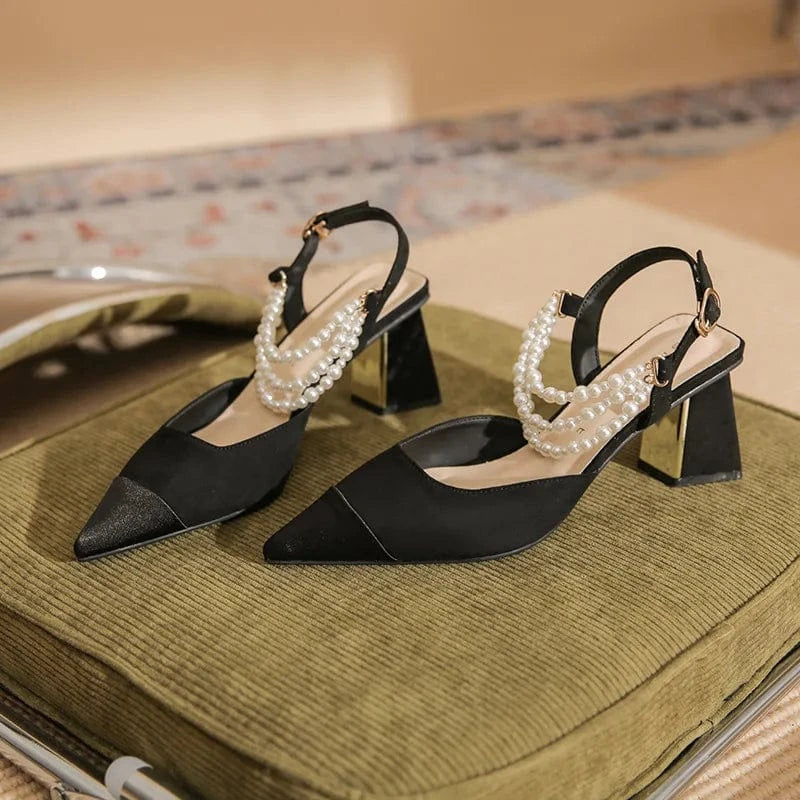 Chaussures Femme Comfortable Microfiber Pearls Chain Decor Shoes Hollow Out Slingback High Heel Sandals Ladies Banquet Sandalias