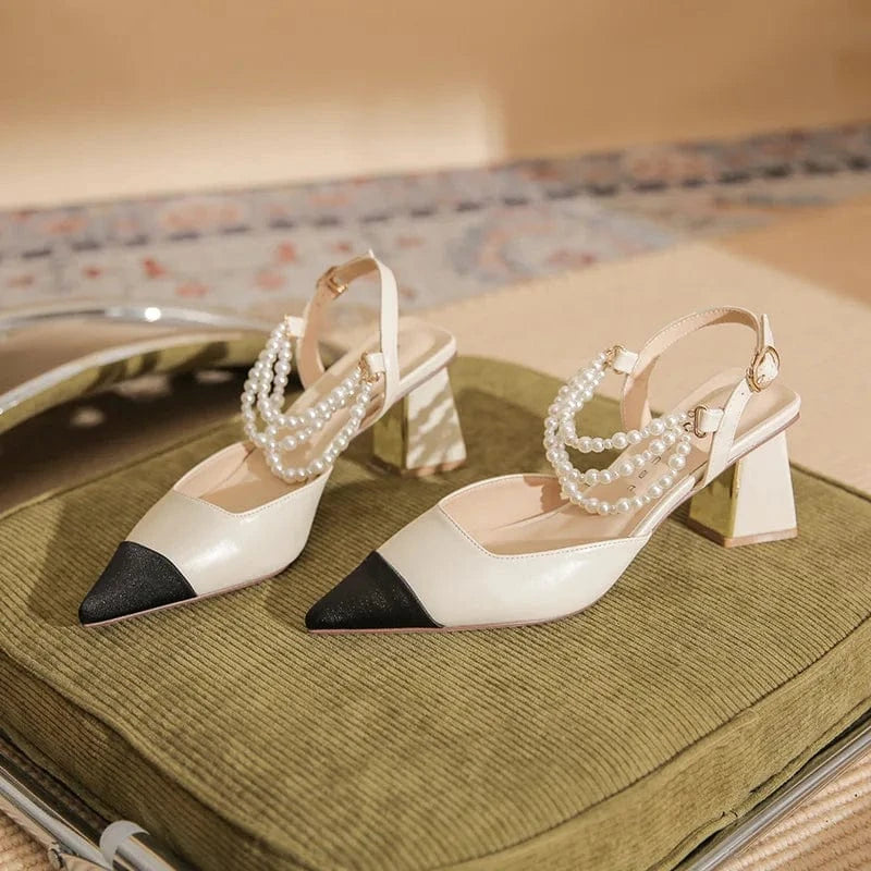 Chaussures Femme Comfortable Microfiber Pearls Chain Decor Shoes Hollow Out Slingback High Heel Sandals Ladies Banquet Sandalias