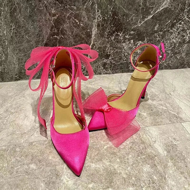 Chaussures Femme Elegant Silk Satin Bowknot Decor Shoes Hollow Out Ankle Strap High Heel Sandals Ladies Dating Banquet Sandalias