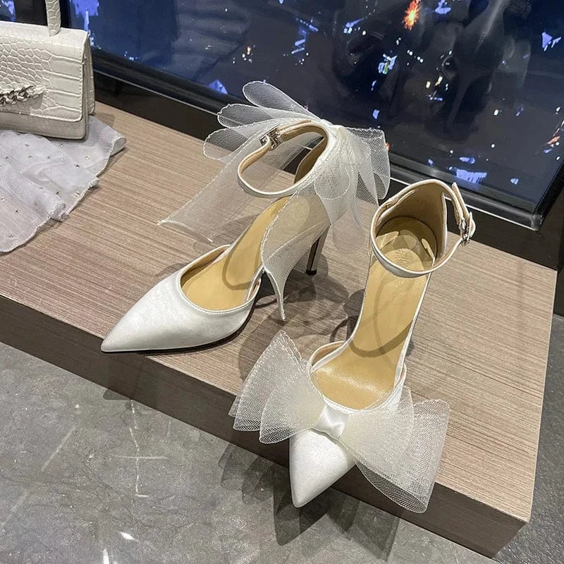Chaussures Femme Elegant Silk Satin Bowknot Decor Shoes Hollow Out Ankle Strap High Heel Sandals Ladies Dating Banquet Sandalias