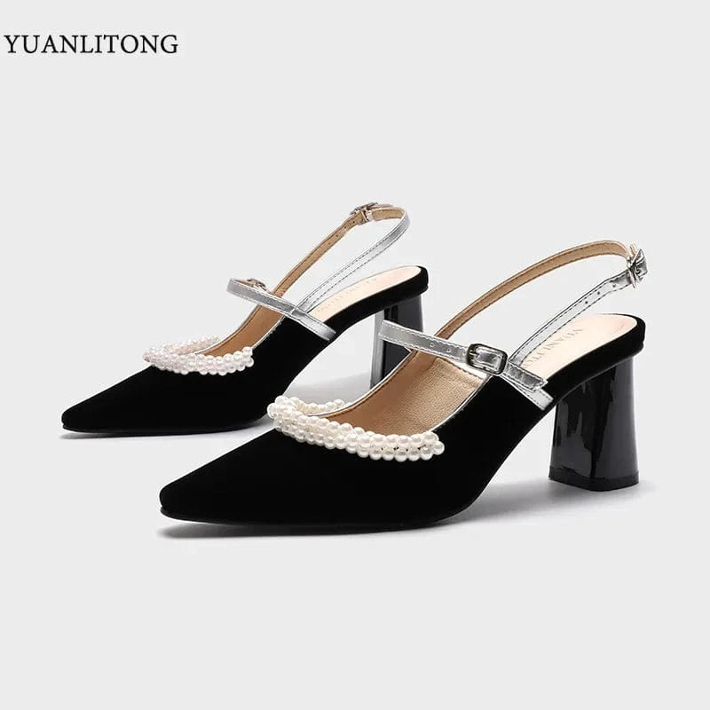 Chaussures Femme Elegant String Bead Black Sandalias Velvet Wrap-toe Ankle Strap Chunky Heels Sandals Ladies Office Dating Shoes