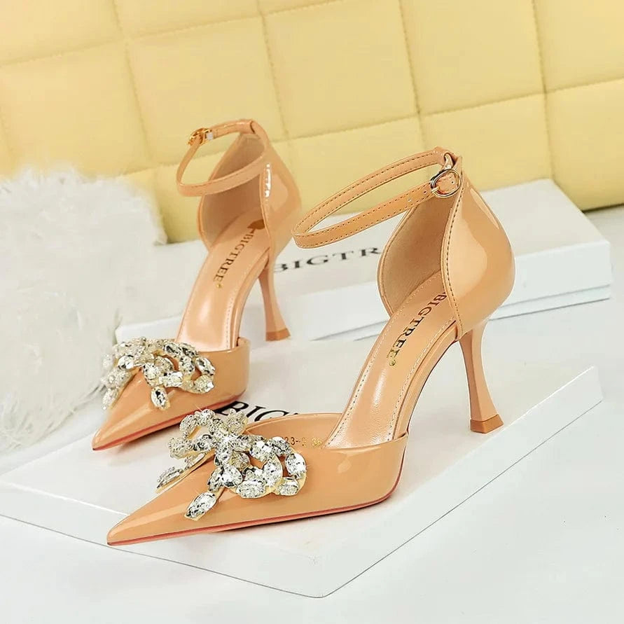 Chaussures Femme Fashion Rhinestone Bowknot Decor Wrap-toe Shoes Ankle Strap Hollow Out High Heel Sandals Ladies Banquet Sandals