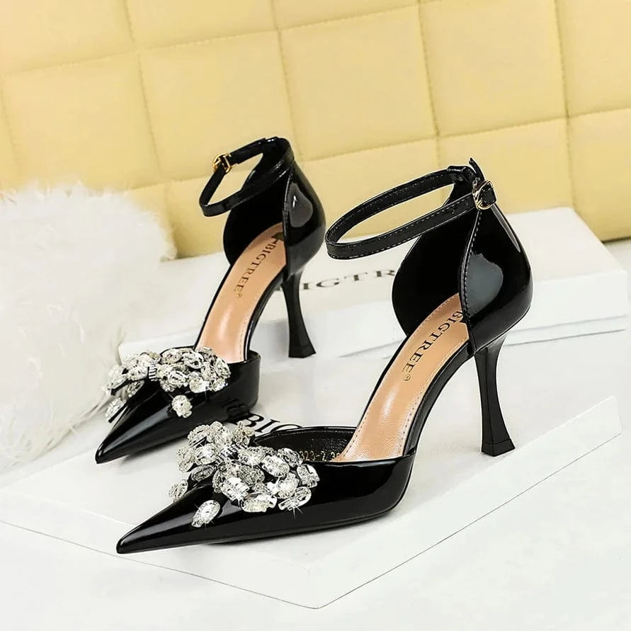Chaussures Femme Fashion Rhinestone Bowknot Decor Wrap-toe Shoes Ankle Strap Hollow Out High Heel Sandals Ladies Banquet Sandals