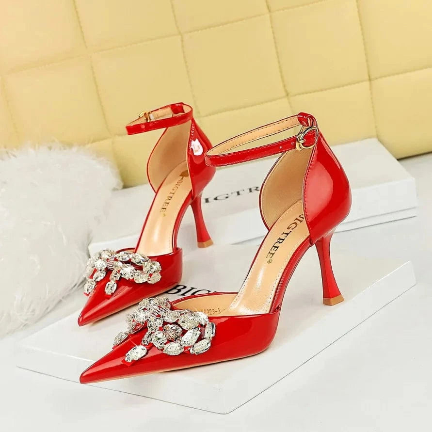 Chaussures Femme Fashion Rhinestone Bowknot Decor Wrap-toe Shoes Ankle Strap Hollow Out High Heel Sandals Ladies Banquet Sandals