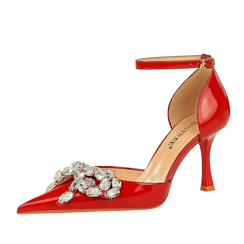Chaussures Femme Fashion Rhinestone Bowknot Decor Wrap-toe Shoes Ankle Strap Hollow Out High Heel Sandals Ladies Banquet Sandals