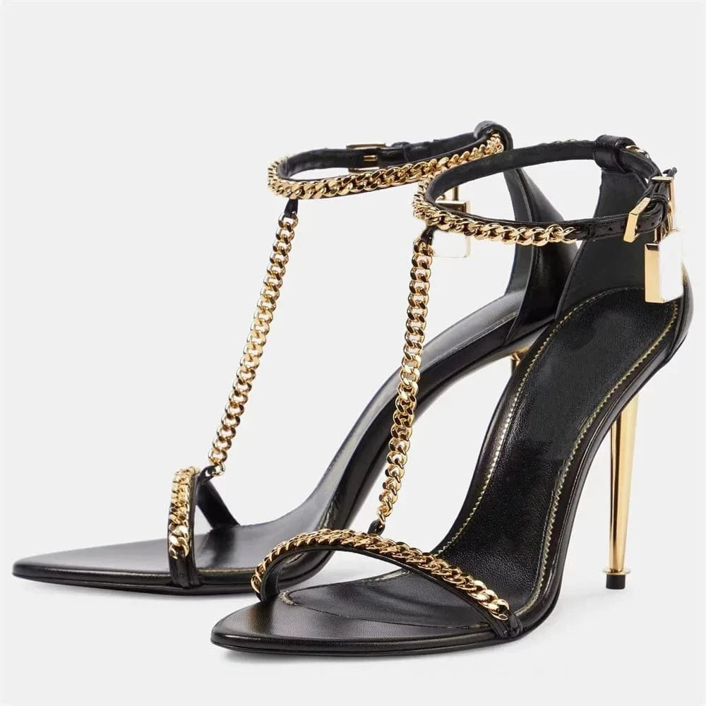Chaussures Femme Hot Sale Chain Decor Open-toe Mujer Zapatos Hollow Out Ankle Strap High Heel Sandals Ladies Dating Club Sandals