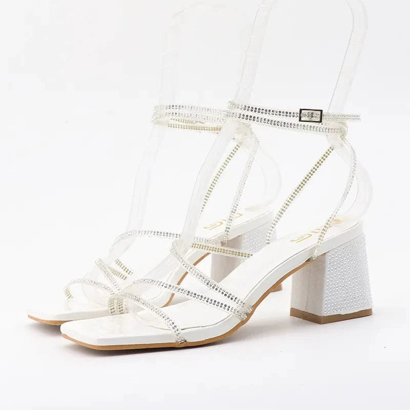 Chaussures Femme Hot Sale Rhinestone Decor Square-toe Roman Shoes Cross Strap Lace Up Chunky Heels Sandals Ladies Dating Sandals