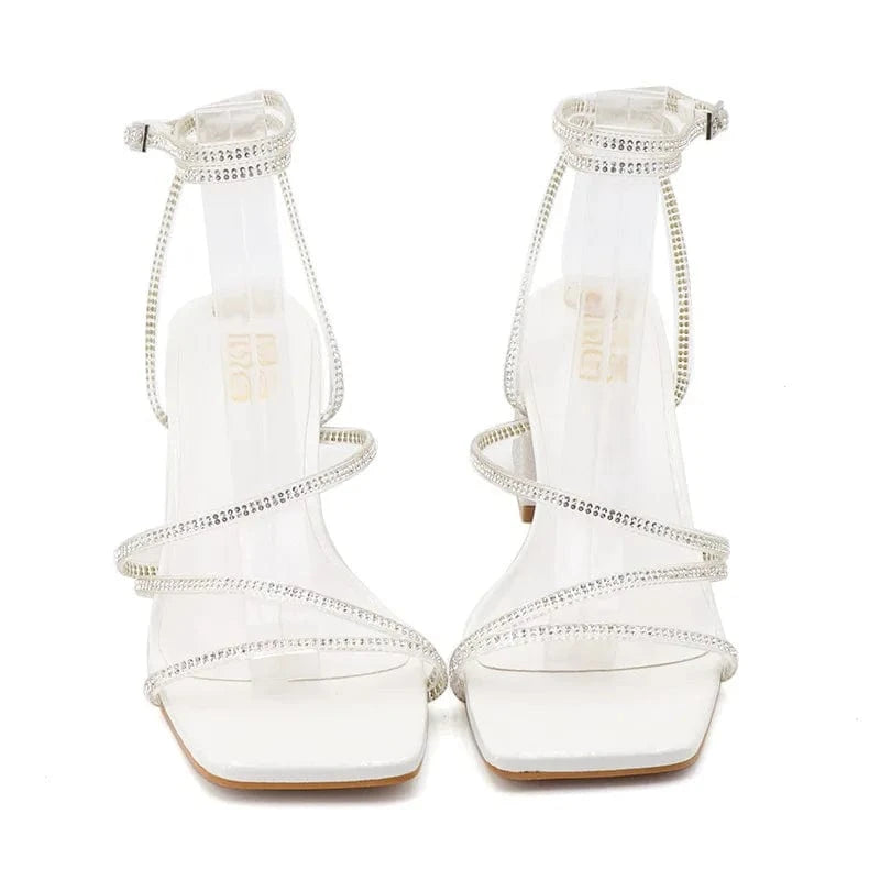 Chaussures Femme Hot Sale Rhinestone Decor Square-toe Roman Shoes Cross Strap Lace Up Chunky Heels Sandals Ladies Dating Sandals